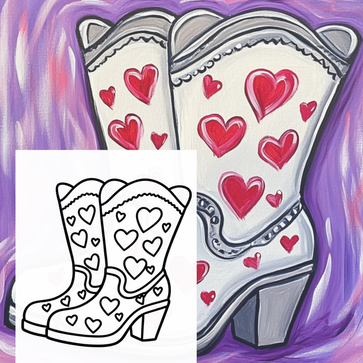 Colorful painting of cowboy boots with red hearts on a purple background, including a black and white outline version.